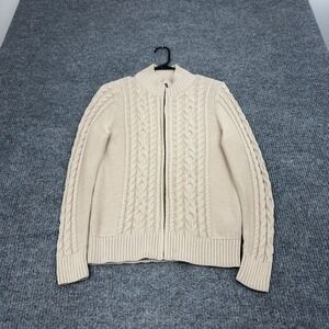 LL Bean Sweater Womens M Pet Beige Cotton Cable Knit Full Zip Mock Neck Classic